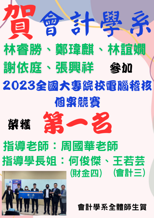 【恭賀會計學系5位同學榮獲2023電腦稽核個案競賽團體賽第一名】圖片